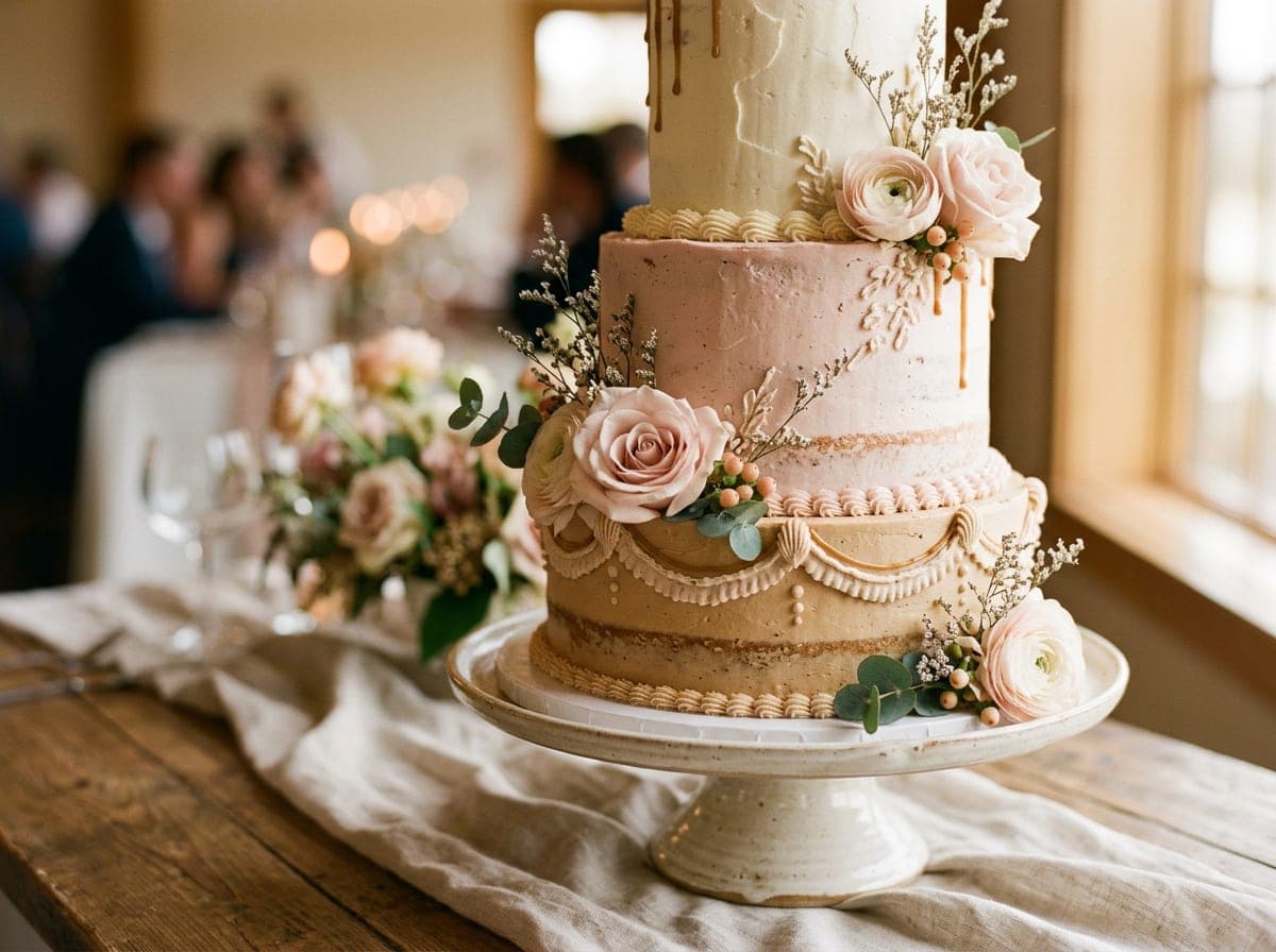 A three-tiered decorated cake with intricate frosting details displayed on an elegant stand, with soft warm lighting highlighting the texture and layers.